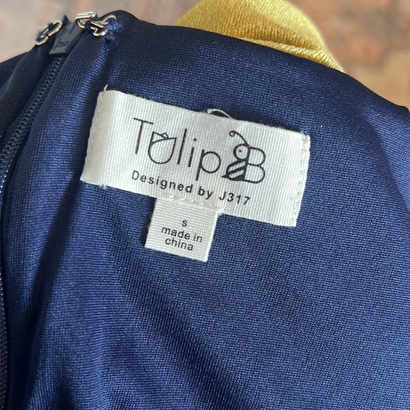 Navy and Gold Velvet Dress. NWT. Peter Pan Collar Tulip B - Picture 6 of 6